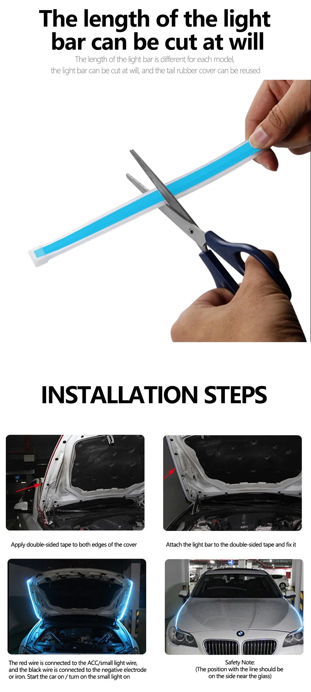 150cm LED Daytime Running Light Car Hood DRL Decorative Strip 12V Universal