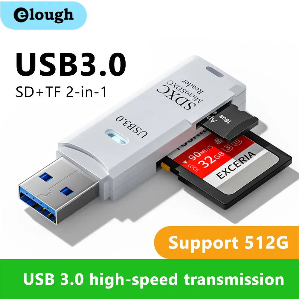 2-in-1 USB 3.0 Card Reader - Micro SD & TF Memory Card Adapter High Speed for PC Laptop