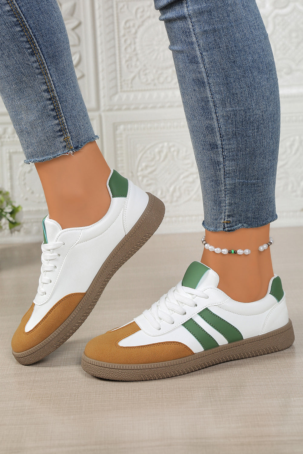 Blackish Green Color Block Lace Up Sneakers